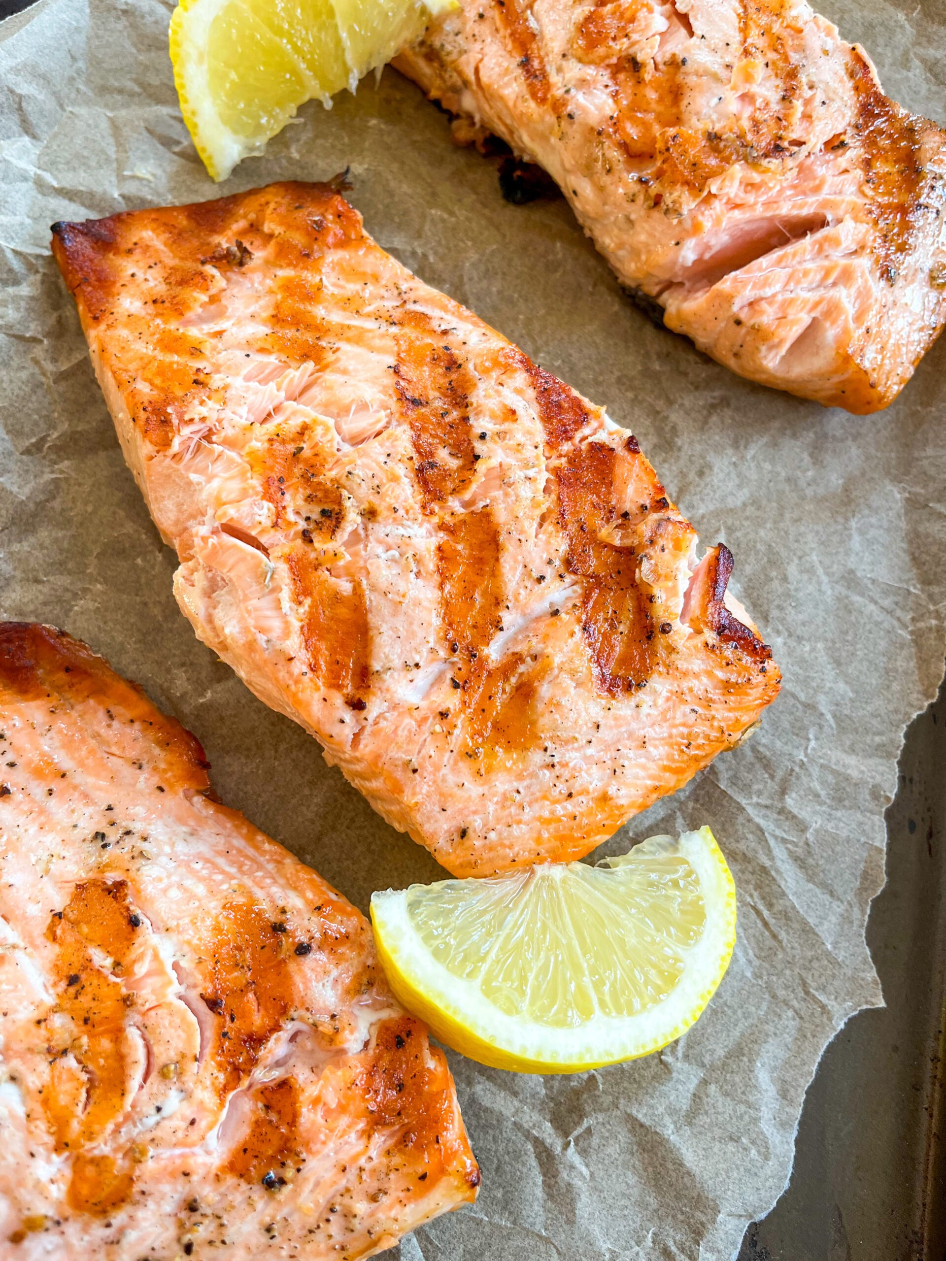 Close up of grilled salmon on parchment
