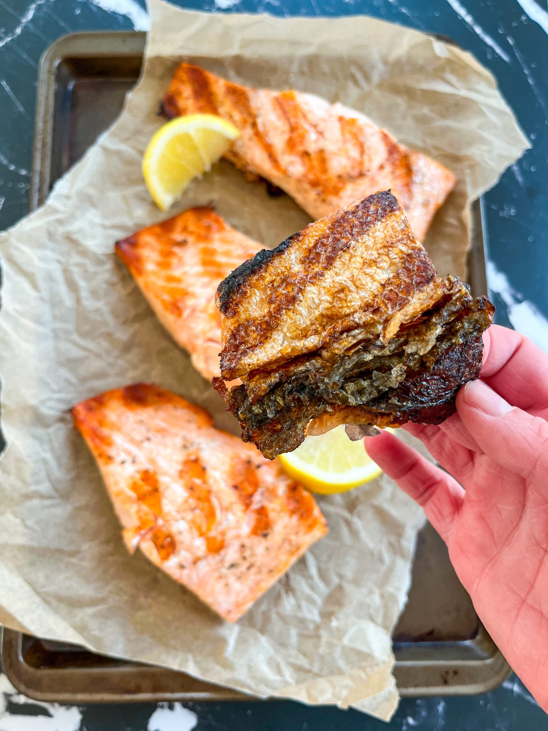 Close up of grilled salmon skin