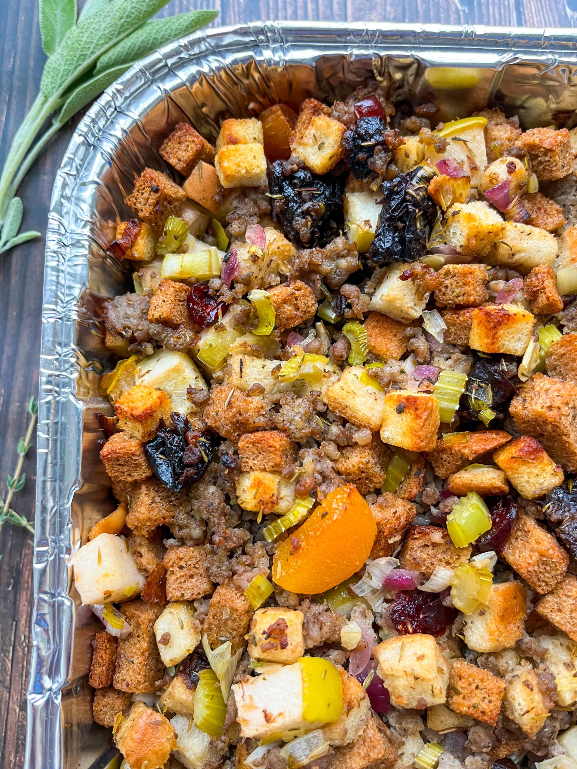 Close up sausage stuffing in a pan