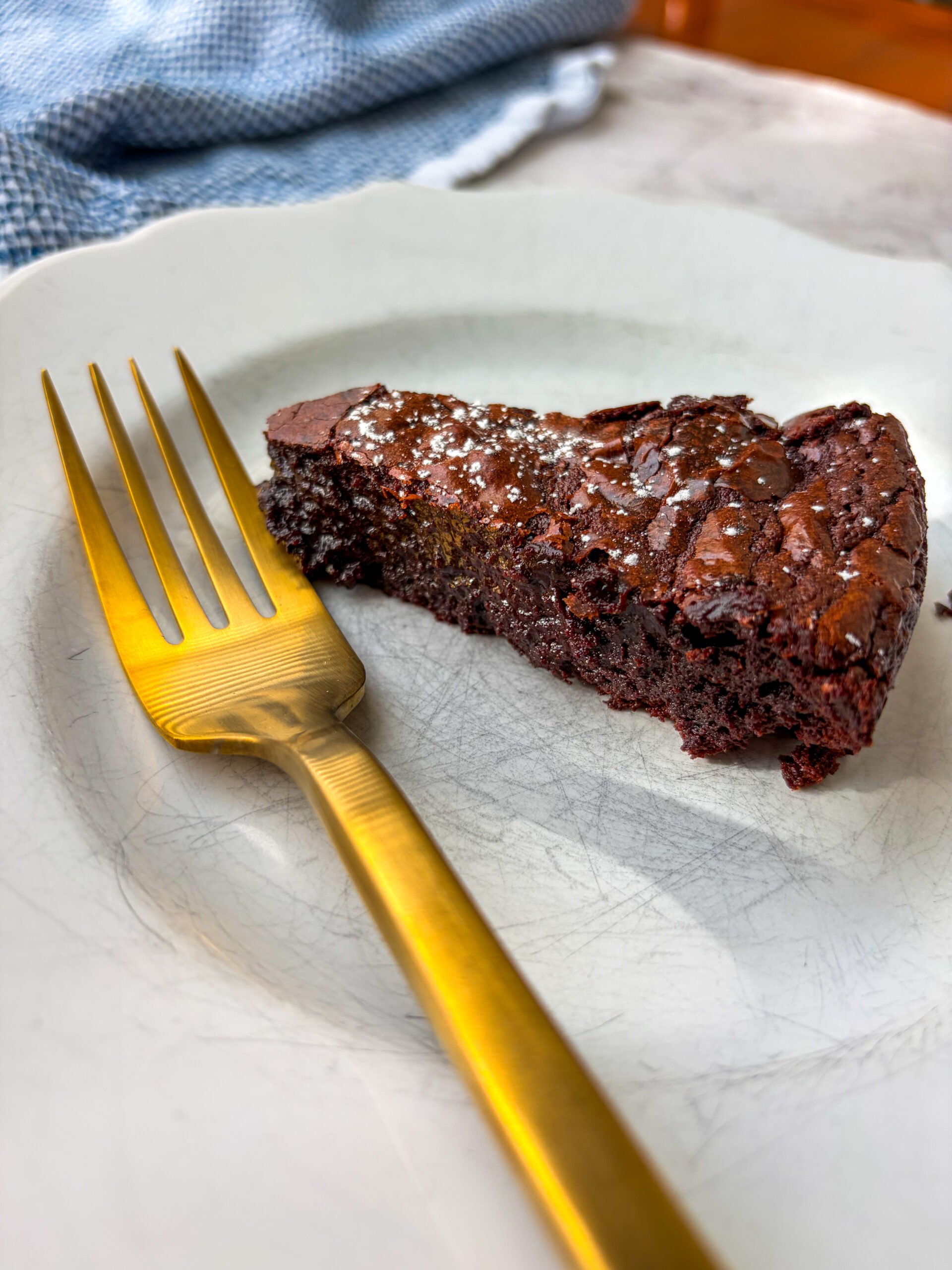 Close up of flourless chocolate cake slice