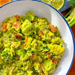 Guacamole in a blue and white bowl