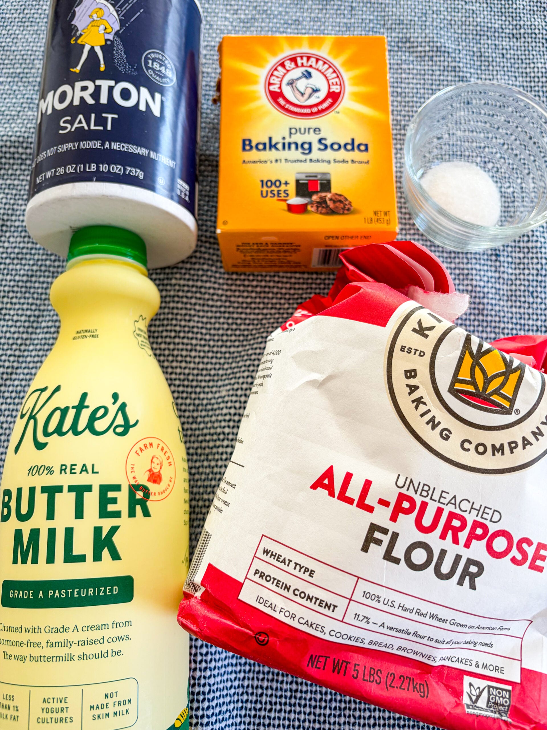 Irish soda bread ingredients laid out on blue and white towel