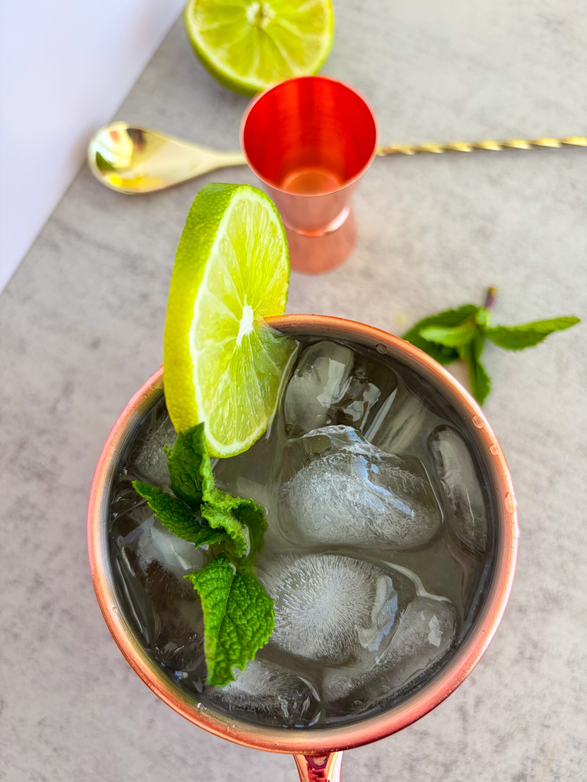 From top shot of Moscow mule garnished with lime and mint