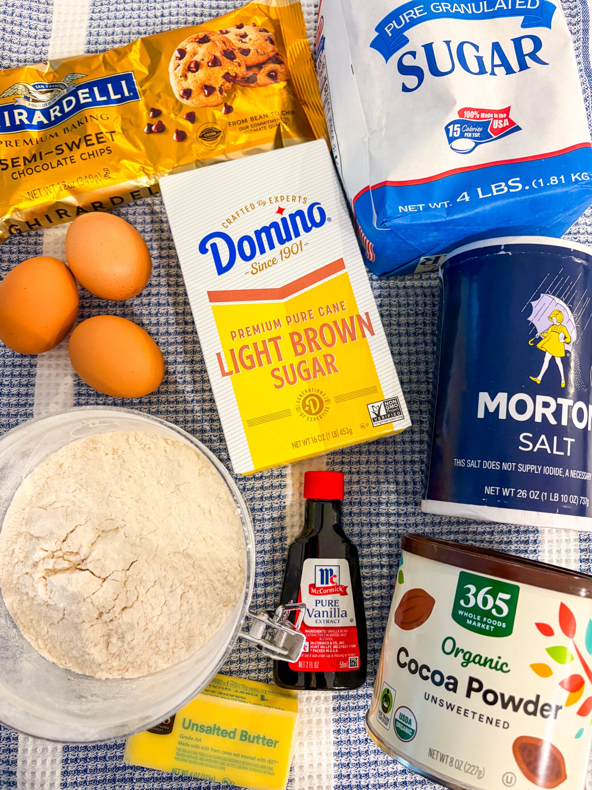 Brownie ingredient laid out on dish towel