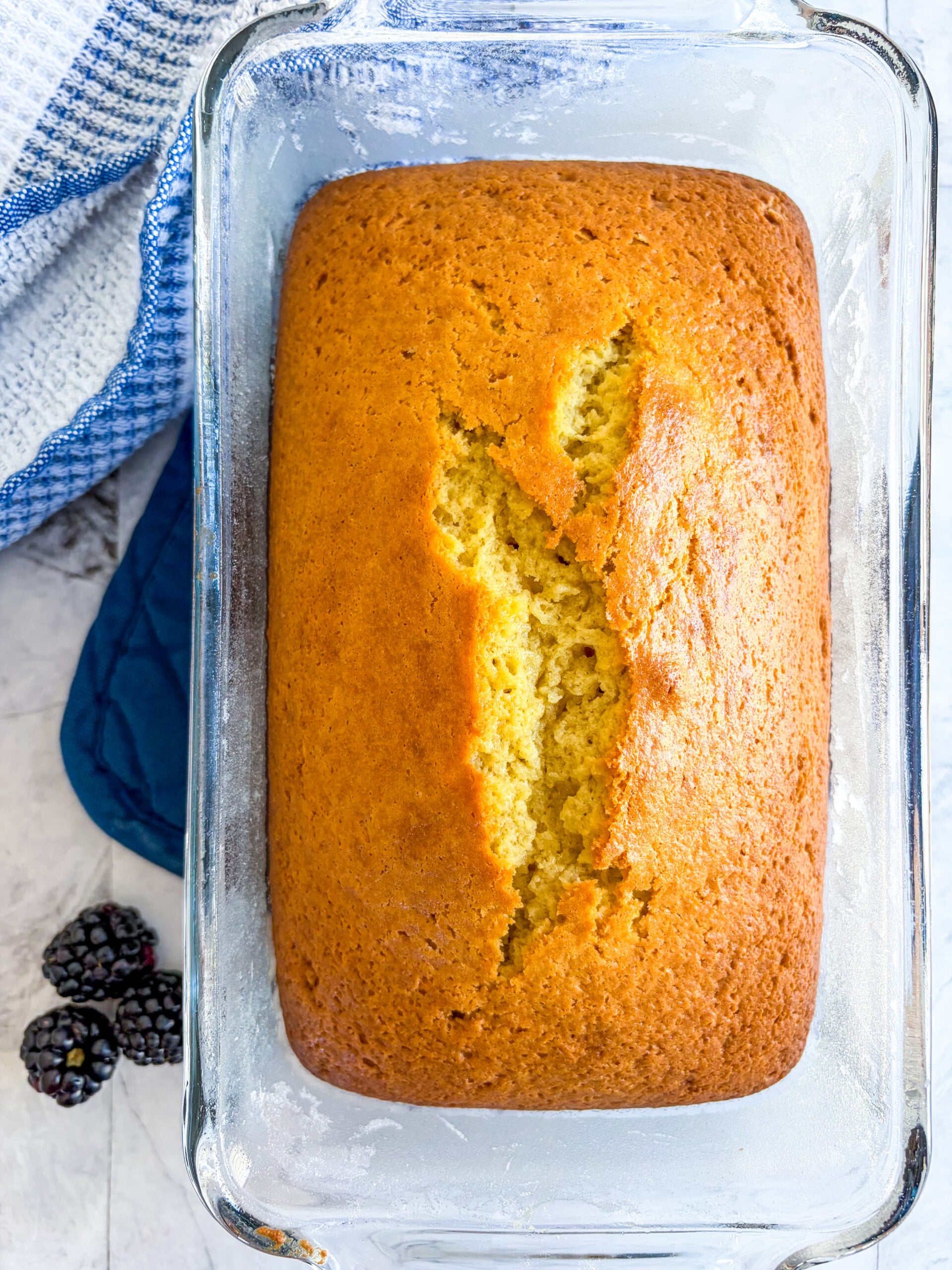 Pound cake in glass pan