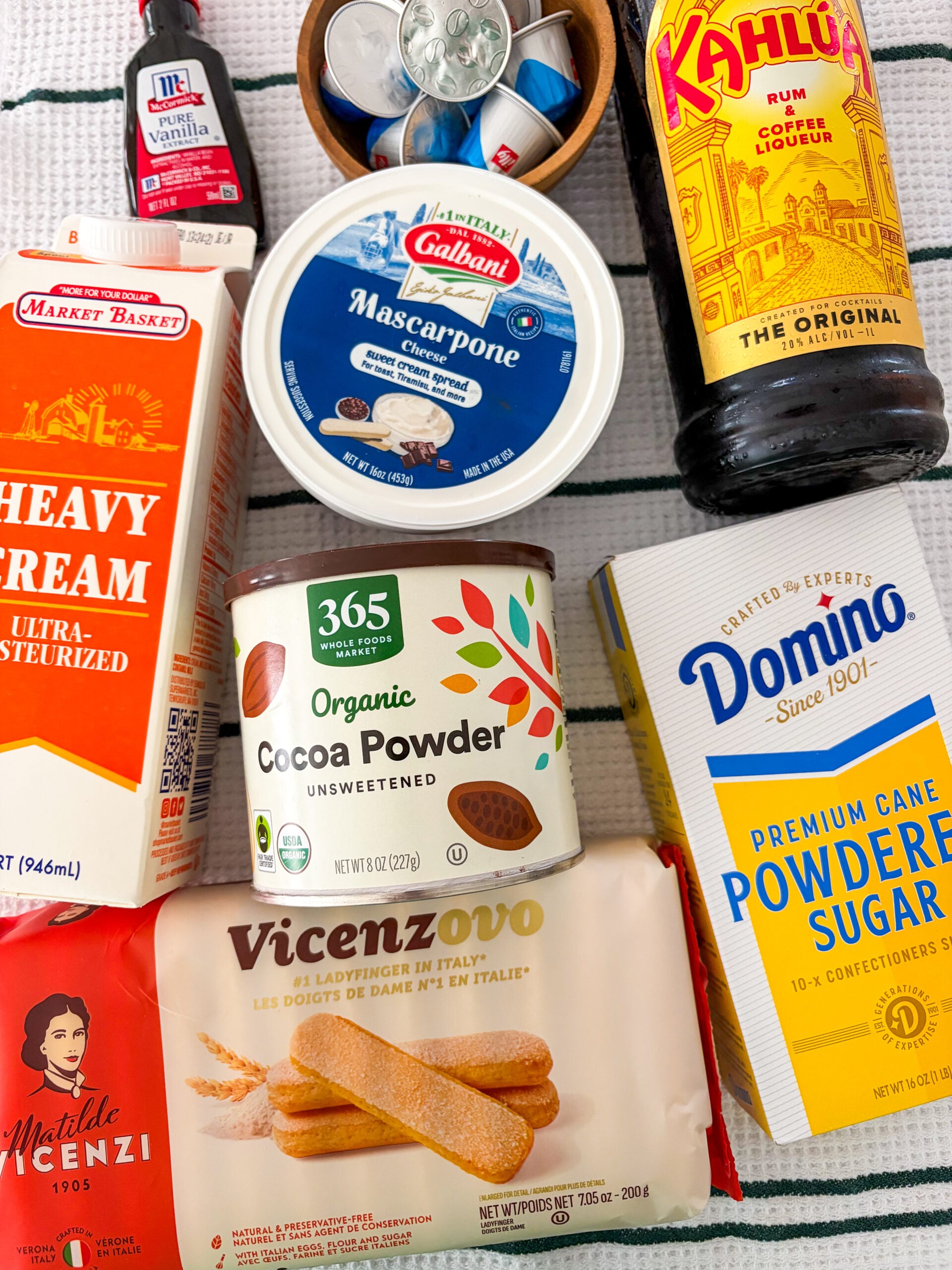 Tiramisu ingredients laid out on dish towel