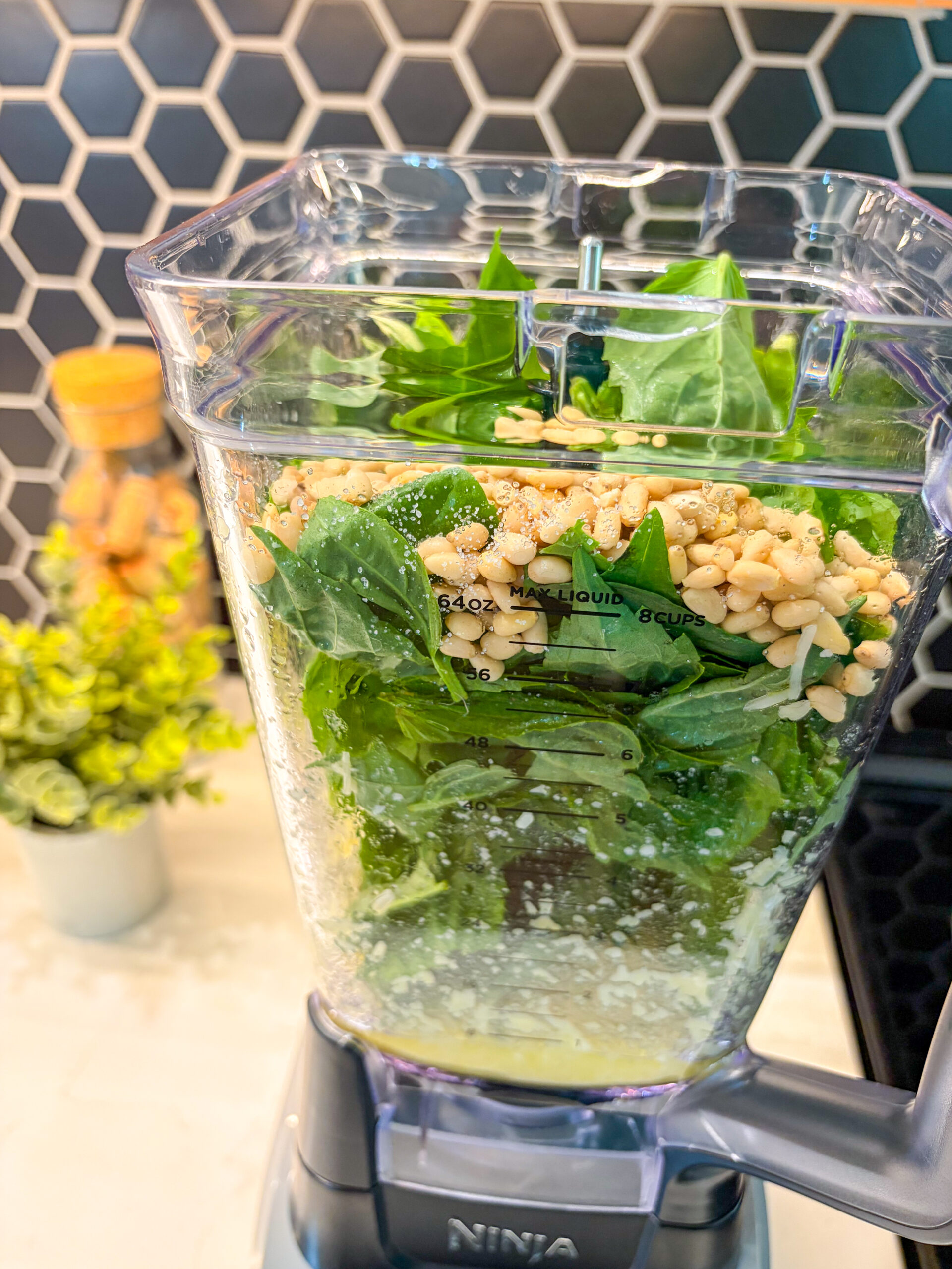Adding basil, pine nuts, and salt to blender to pulse