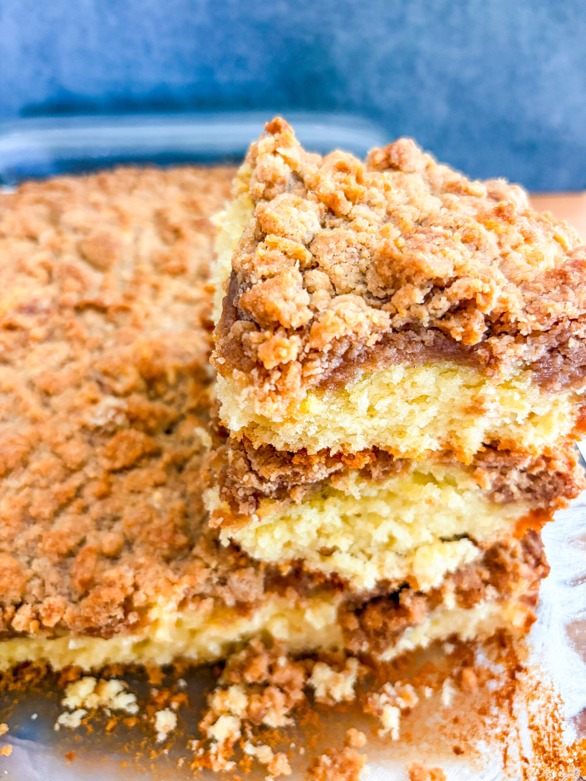 Close up of coffee cake slices stacked on each other