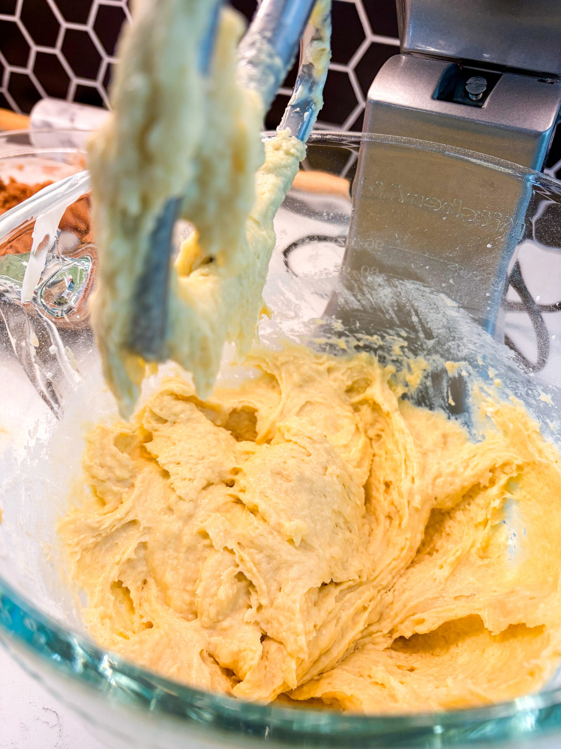 Cake batter in glass mixer