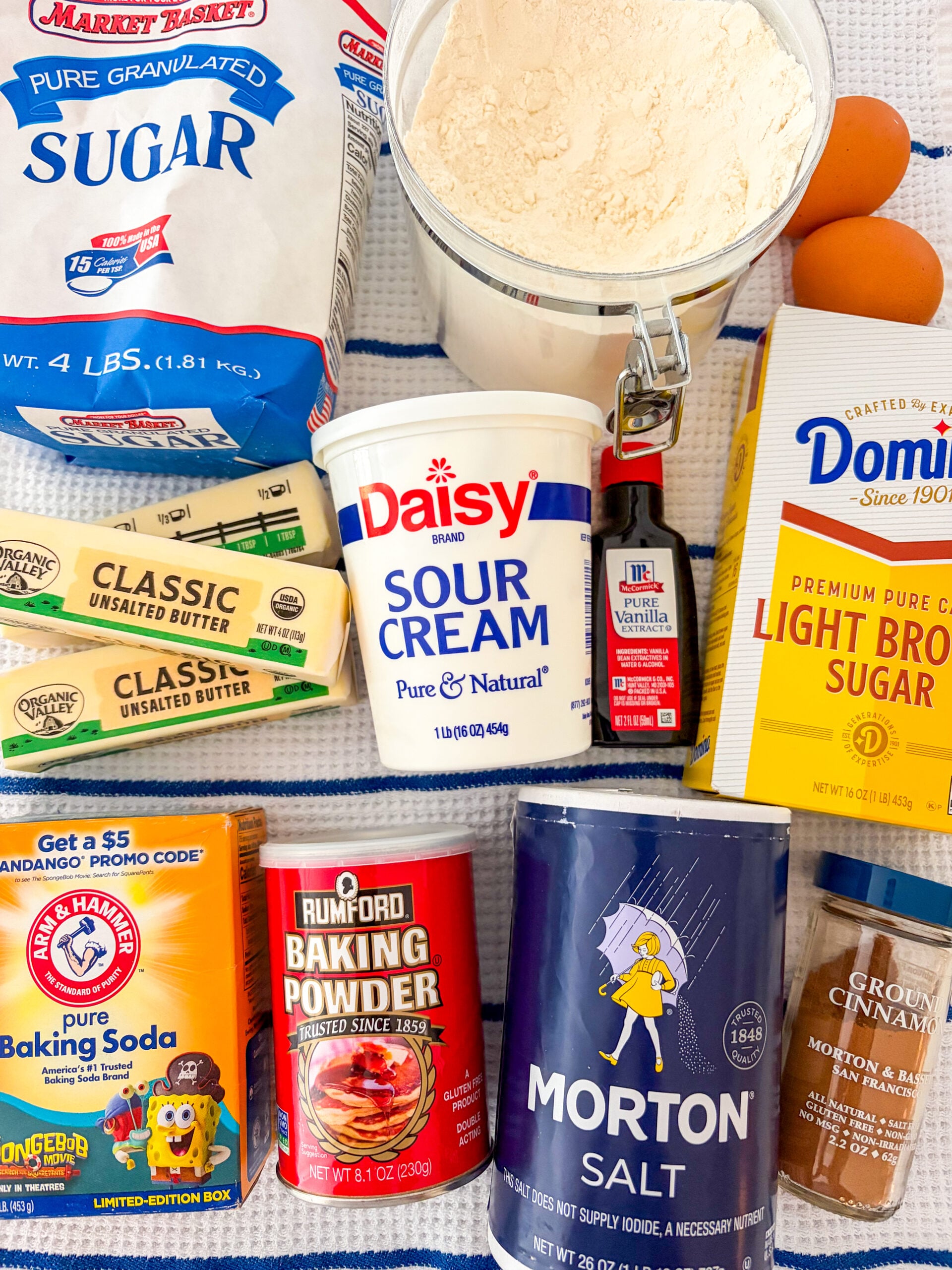 Coffee cake recipe ingredients laid out on dish towel