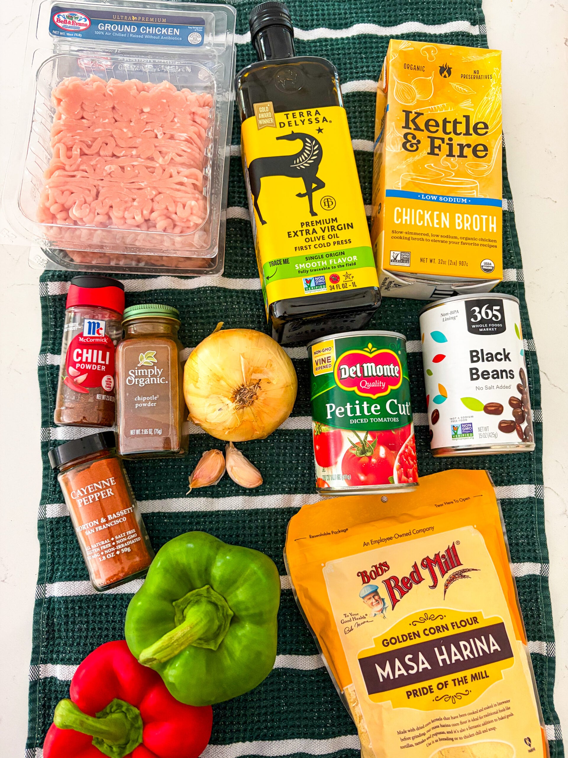 Chicken chili ingredients laid out on dish towel