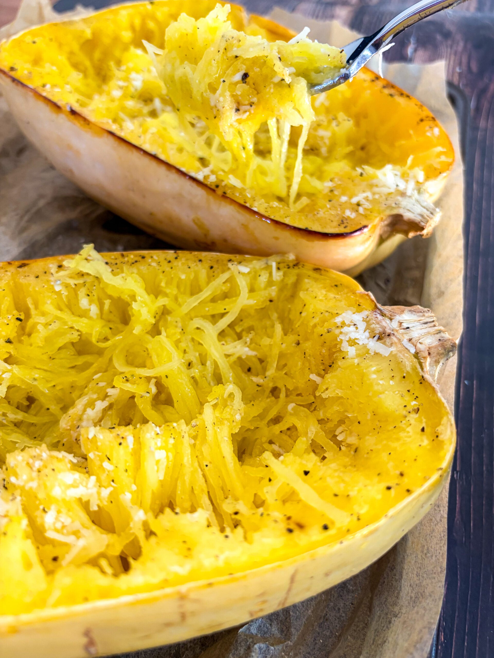 Close up of cooked spaghetti squash pulled into strands
