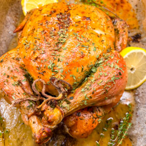 Roast chicken in a roasting pan next to herbs and lemon slices