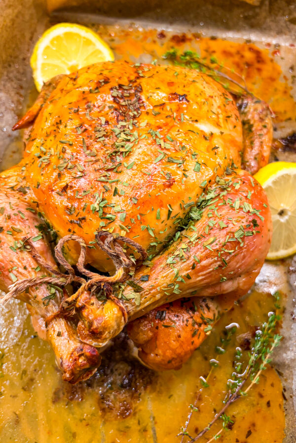 Roast chicken in a roasting pan next to herbs and lemon slices